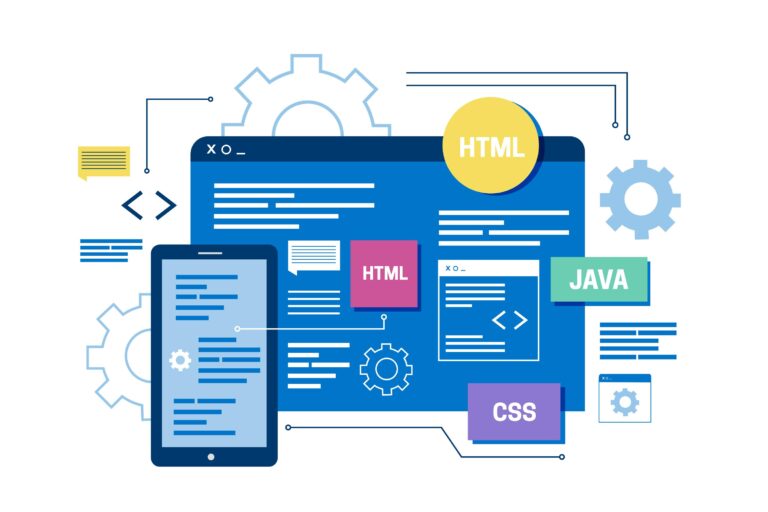 Illustration: browser and phone with web technologies—websites and web apps.